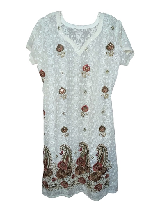 Tops - India Formal Kurti Embroidered White Floral Short-Sleeve Tunic W/Sari